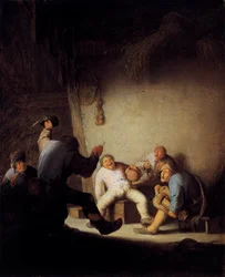Bauern trinken und musizieren in einer Scheune
